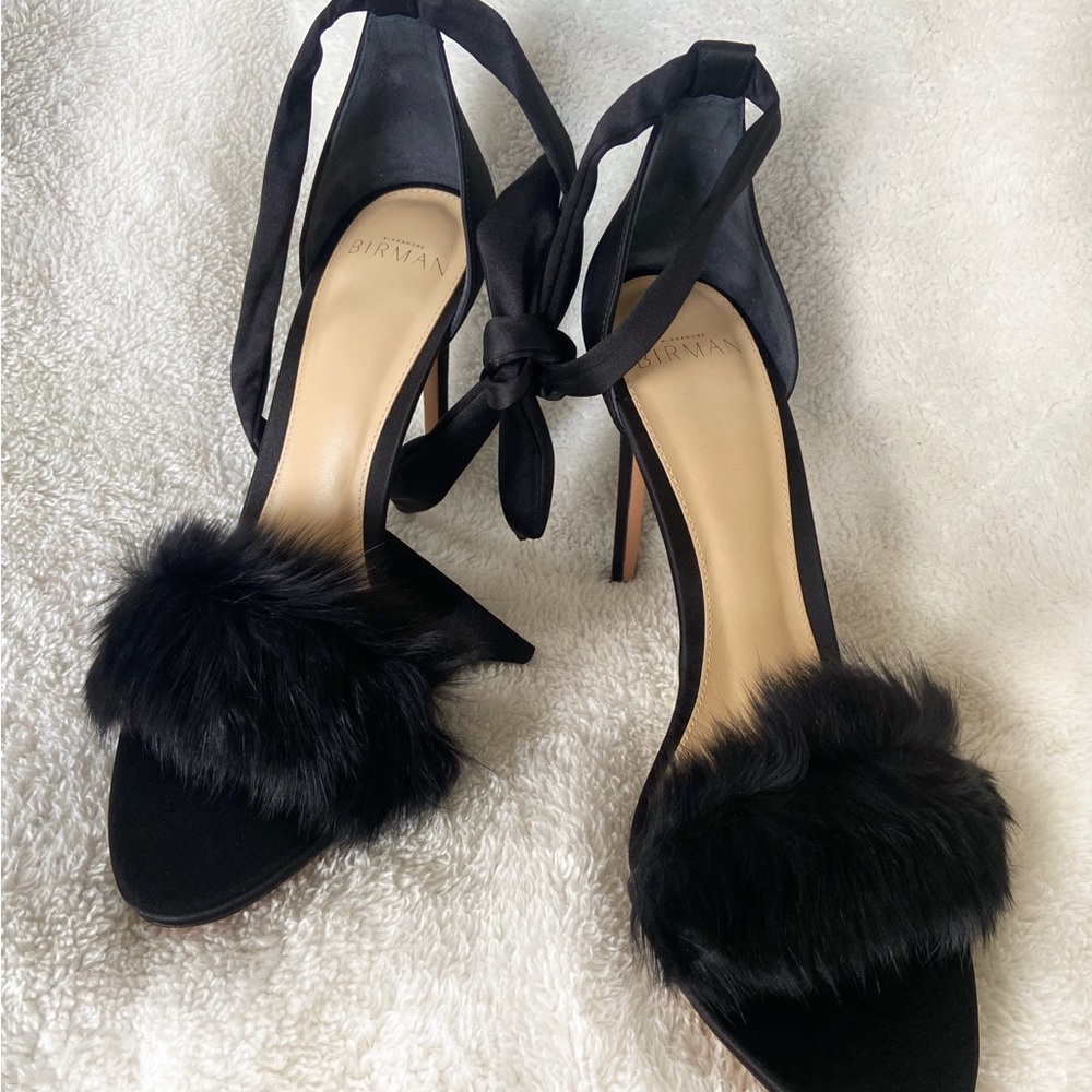 Alexandre Birman Black Rabbit Fur Satin Sandals Ankle Tie